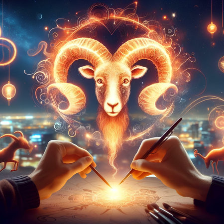 Close up of male hands drawing ram on night city background with magic lightsの素材