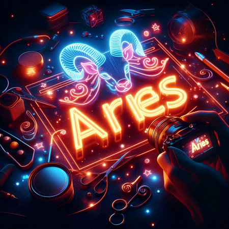 Aries zodiac sign with hand holding digital camera. 3D renderingの素材