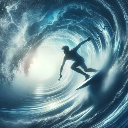 Surfer in ocean with surfboard. 3d render illustration.の素材