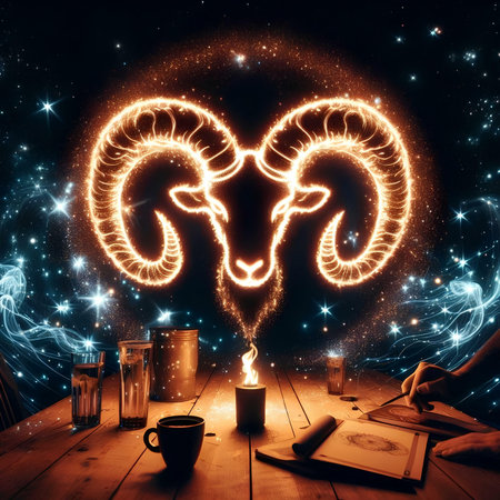 Ram head with burning candle and notebook on wooden table against night skyの素材