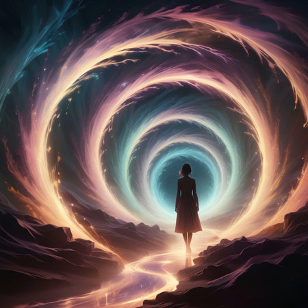 Conceptual image of a young woman standing in the middle of a surreal landscapeの素材