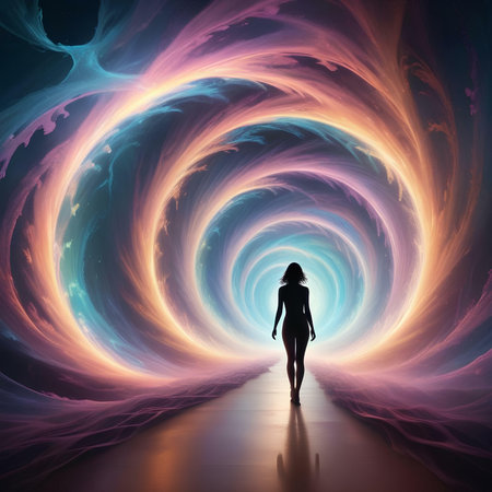 3D rendering of a female figure walking through a tunnel of energyの素材