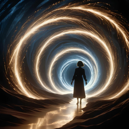Silhouette of a woman in front of a glowing vortex.の素材