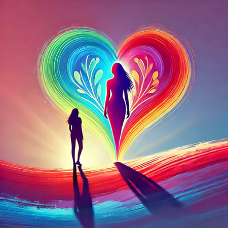 Female silhouette and heart on colorful background. Conceptual image of love.の素材