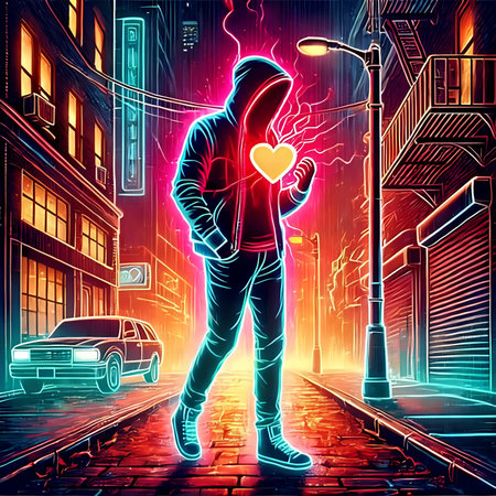 Man in a hoodie with a heart in his hands on the background of the city street. Vector illustration.の素材
