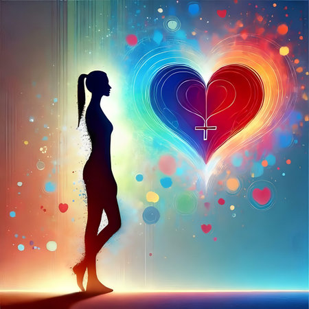 Vector illustration of woman silhouette and heart on colorful background with bokehの素材