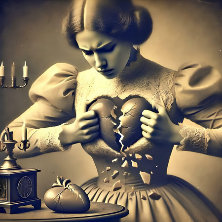 Vintage style portrait of a beautiful woman with a broken egg.の素材