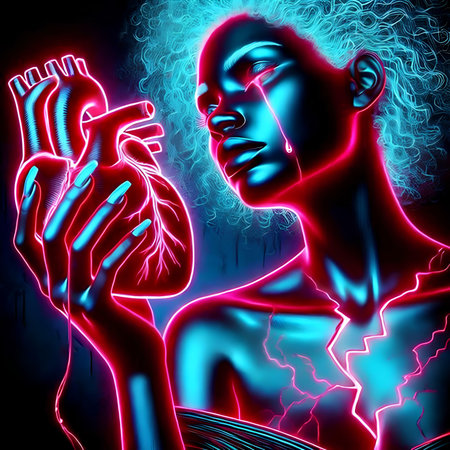 Digital Illustration of a Female Body in a Glowing Neon Lightの素材