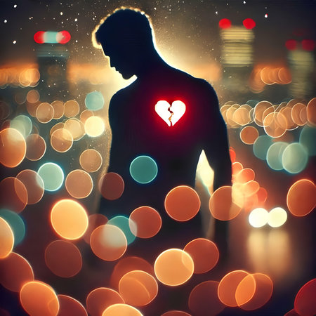 Conceptual image of male silhouette with heart sign on his chestの素材