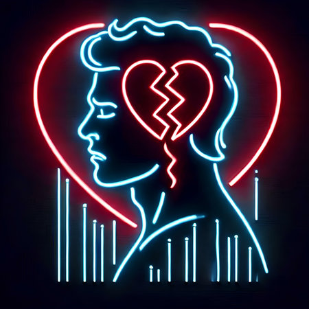 Neon illustration of a man with a broken heart in his head.の素材