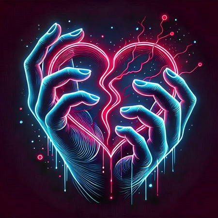 Neon heart in hands on a dark background. Vector illustration.の素材