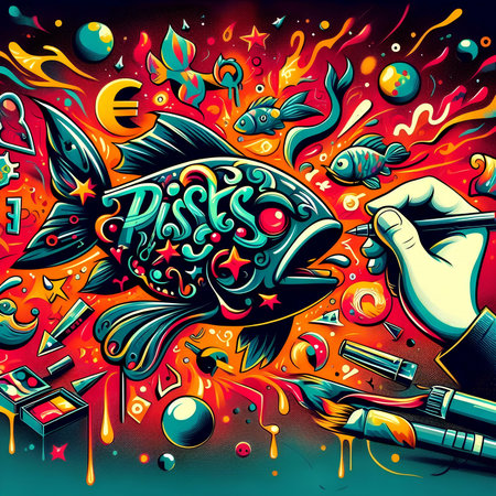 Vector cartoon illustration of hand drawing doodle fish on colorful background.の素材