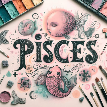 Paints word with fish and other art objects on white background.の素材