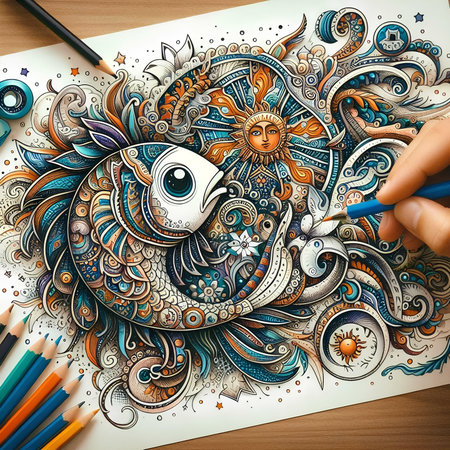 Hand drawn doodle of a bird in the form of a mandala.の素材