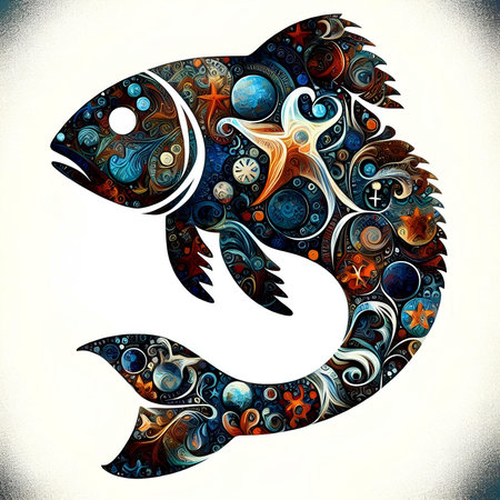 Abstract fish with ornamental pattern on white background, vector illustration.の素材