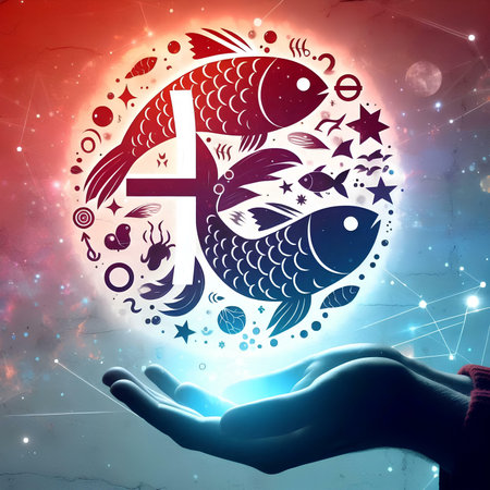 Hands holding abstract glowing fish with Christian symbols. Religion concept.の素材
