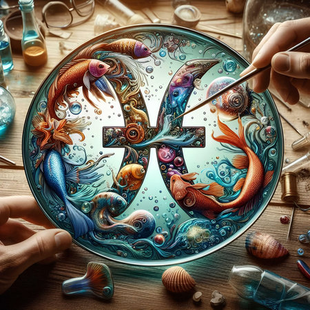 Close up of human hands painting fish in glass bowl on wooden tableの素材