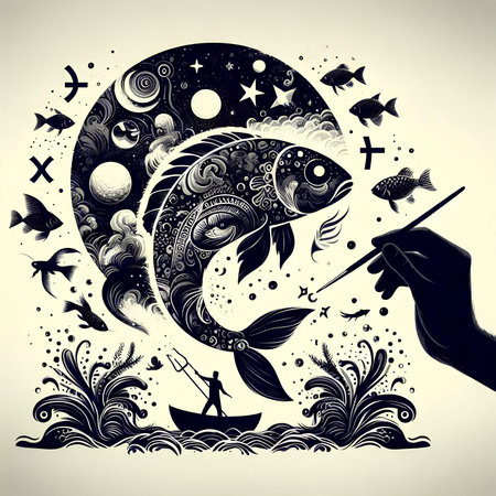 Illustration of fish, moon, stars and fish. vector illustrationの素材