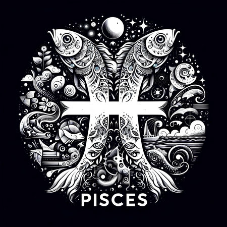 Pisces zodiac sign with hand drawn elements. vector illustrationの素材