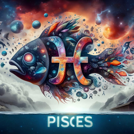 Pisces zodiac sign on abstract background. 3D illustrationの素材