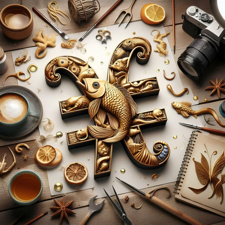 Cup of coffee with gold fish and accessories on wooden table, top viewの素材