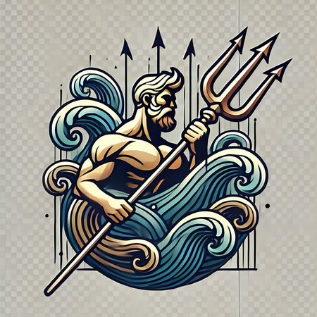 Vector illustration of a man with a trident on the background of waves.の素材