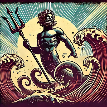 Vintage style illustration of a man with trident on a wave.の素材