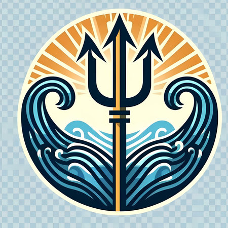 Vector illustration of a trident on the background of the sea waves.の素材