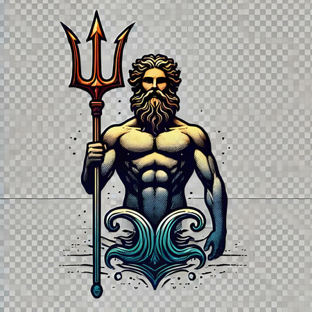 Vector illustration of a muscular man with trident and shield on transparent background.の素材