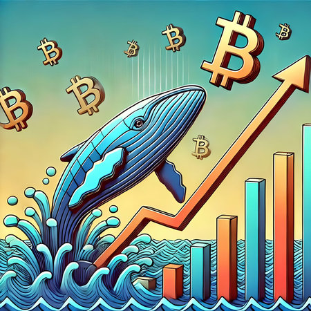 Stock market or forex trading concept. Vector illustration of a blue whale jumping over a financial graph.の素材