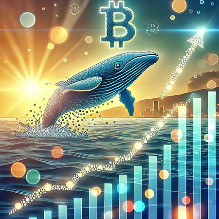 Blue whale with bitcoin on the background of the sea and charts.の素材