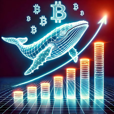 Digital illustration of a whale in front of a bar chart with bitcoinの素材