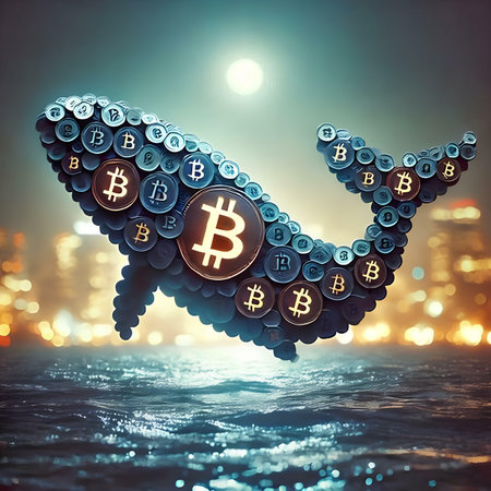 Bitcoin in the form of a fish on the background of the night cityの素材