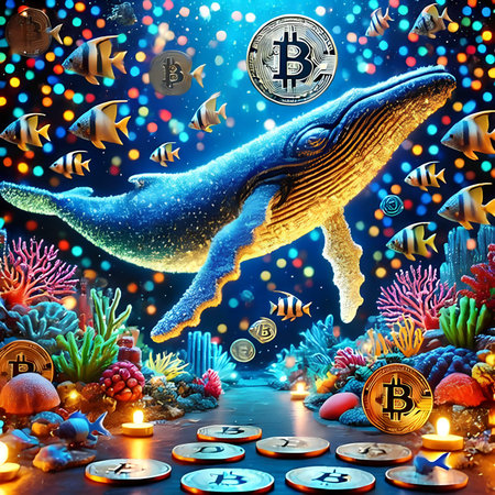 Digital illustration of a whale underwater in the ocean. Bitcoin mining concept.の素材
