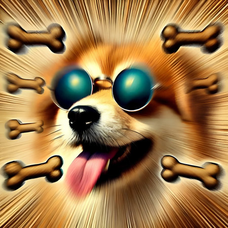 Pomeranian dog in sunglasses and bones on a yellow background.の素材