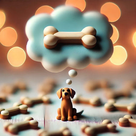 Dog with bone and cloud of pills on bokeh background.の素材