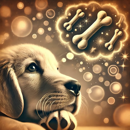 Golden retriever puppy with bone and ball on a background of starsの素材