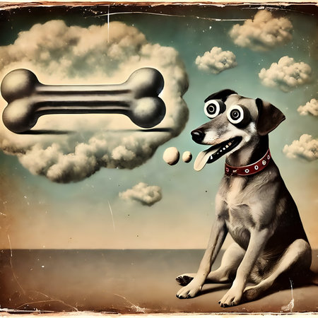 dog with a bone on the background of the sky and clouds.の素材