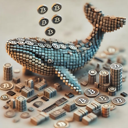 3D rendering of a whale made up of dollar coins and bitcoinsの素材