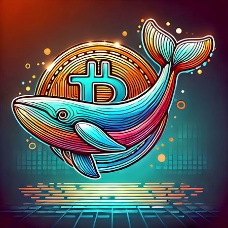 Vector illustration of a blue whale with a bitcoin symbol on the background of the HUD.の素材