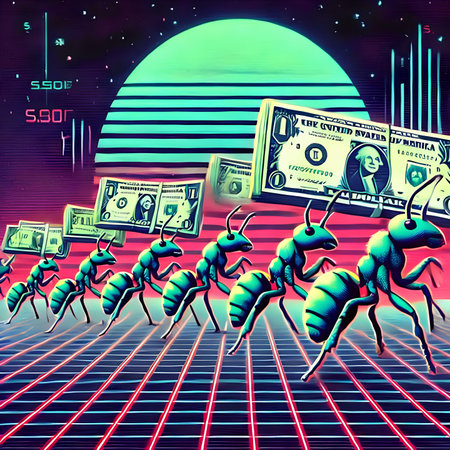 Ants and dollars in space. 3d illustration. Retro style.の素材