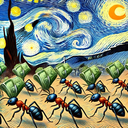 Ants with money on a background of the sun. Vector illustration.の素材