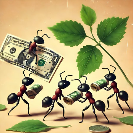 Ants carrying money and plants. Conceptual image of investment.の素材