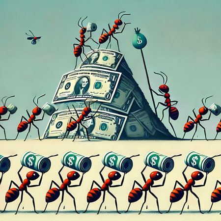 Ants and money. Conceptual illustration of teamwork and success.の素材