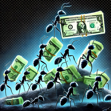 Ants and money on a dark background. Eps 10 vector file.の素材