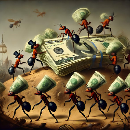 Ants with money on the background of the old city. Business conceptの素材