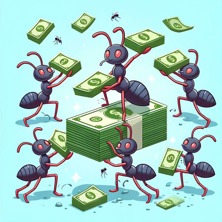 Ants carrying money. Cartoon vector illustration of ants carrying money.の素材