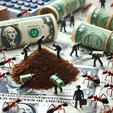 Ants and money. Business concept. 3D illustration. Selective focusの素材