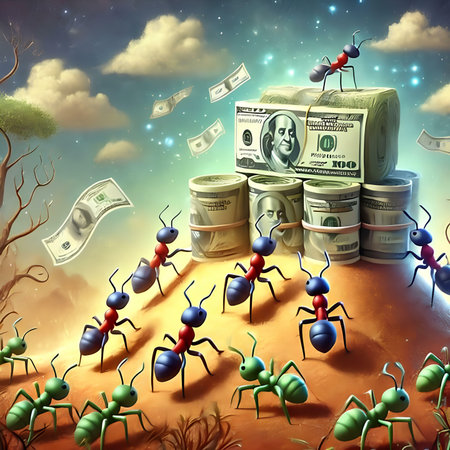 Ants and money in the desert. Business concept. 3d renderの素材