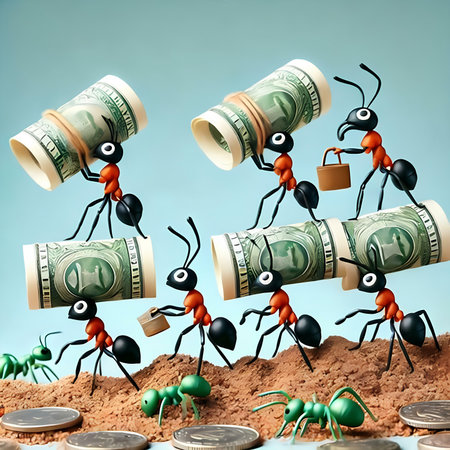 Conceptual image with ants and money. 3D illustration.の素材